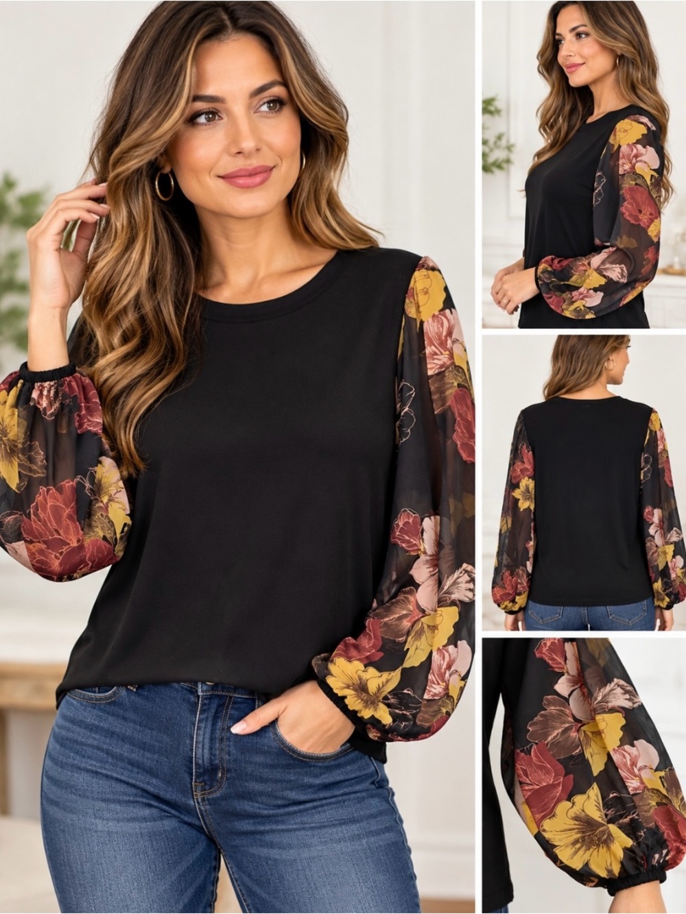 Tahari Black Floral Print Sheer Bishop Sleeve Blouse Romantic Boho Chic Size XL